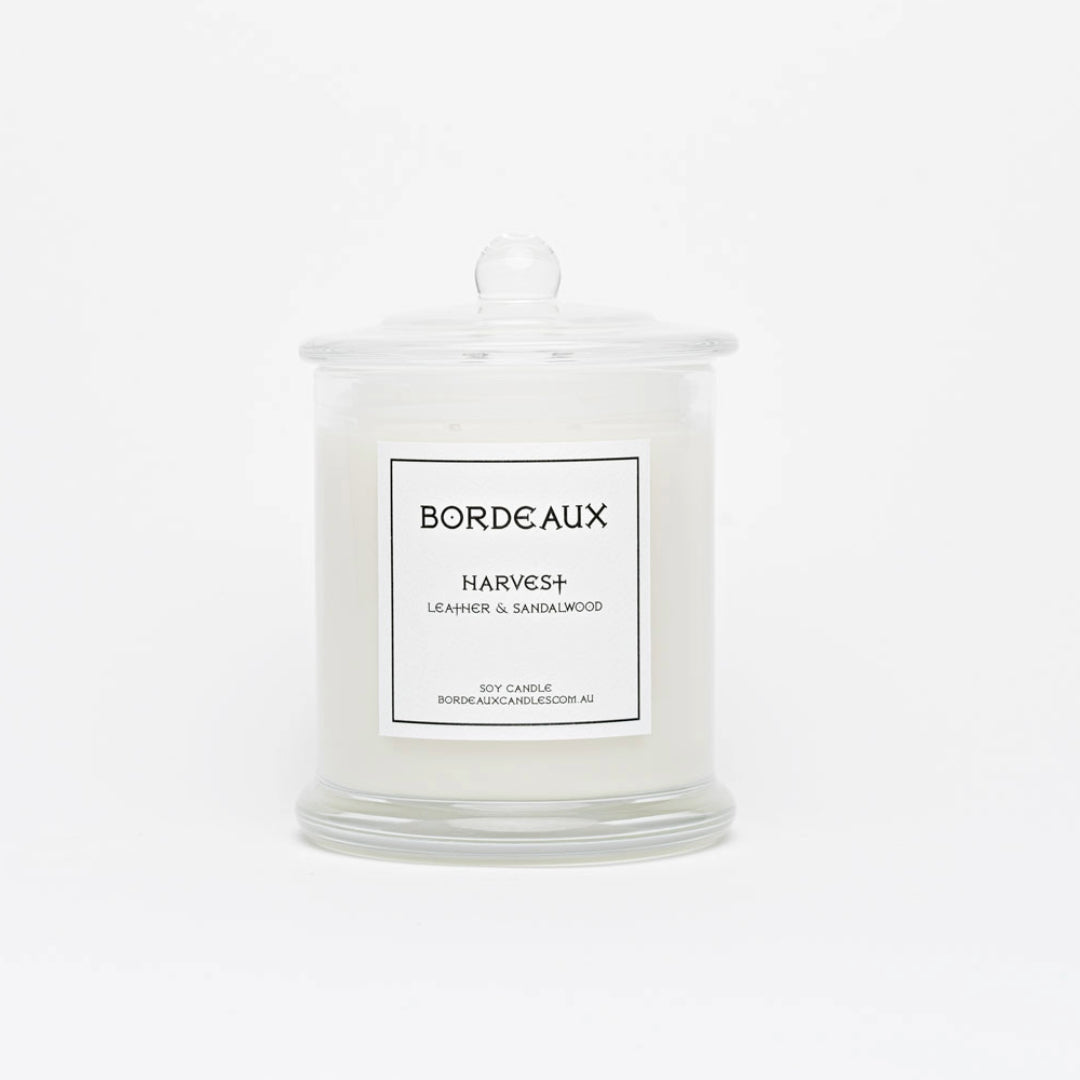 leather and sandalwood 350g cancle in classic glass vessel and knob lid | Bordeaux Collective | Bordeaux Candles