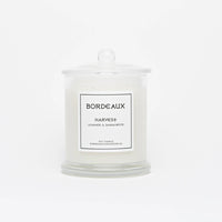 Thumbnail for leather and sandalwood 350g cancle in classic glass vessel and knob lid | Bordeaux Collective | Bordeaux Candles