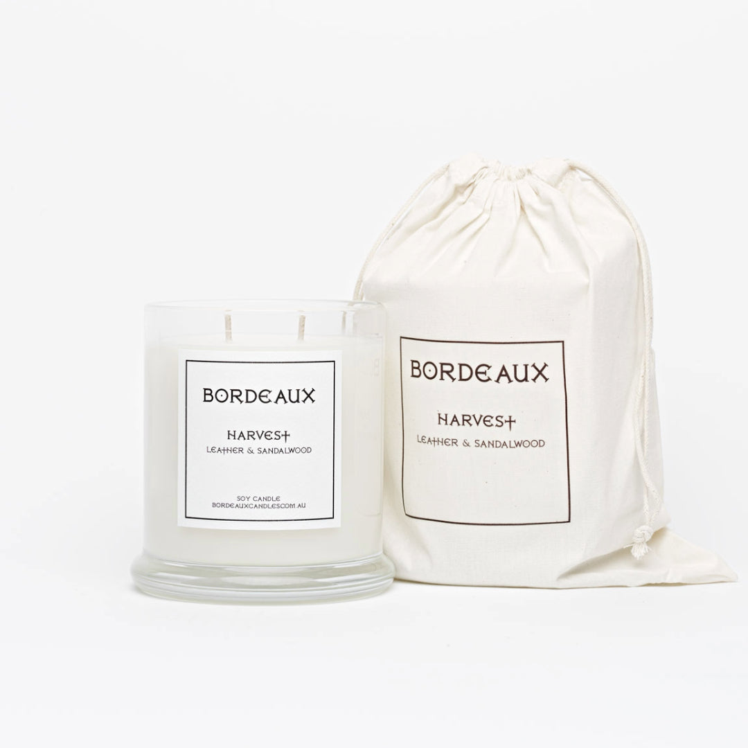 Leather and Sandalwood Candle in cotton drawstring bag | Harvest | Bordeaux Candles | Bordeaux Collective