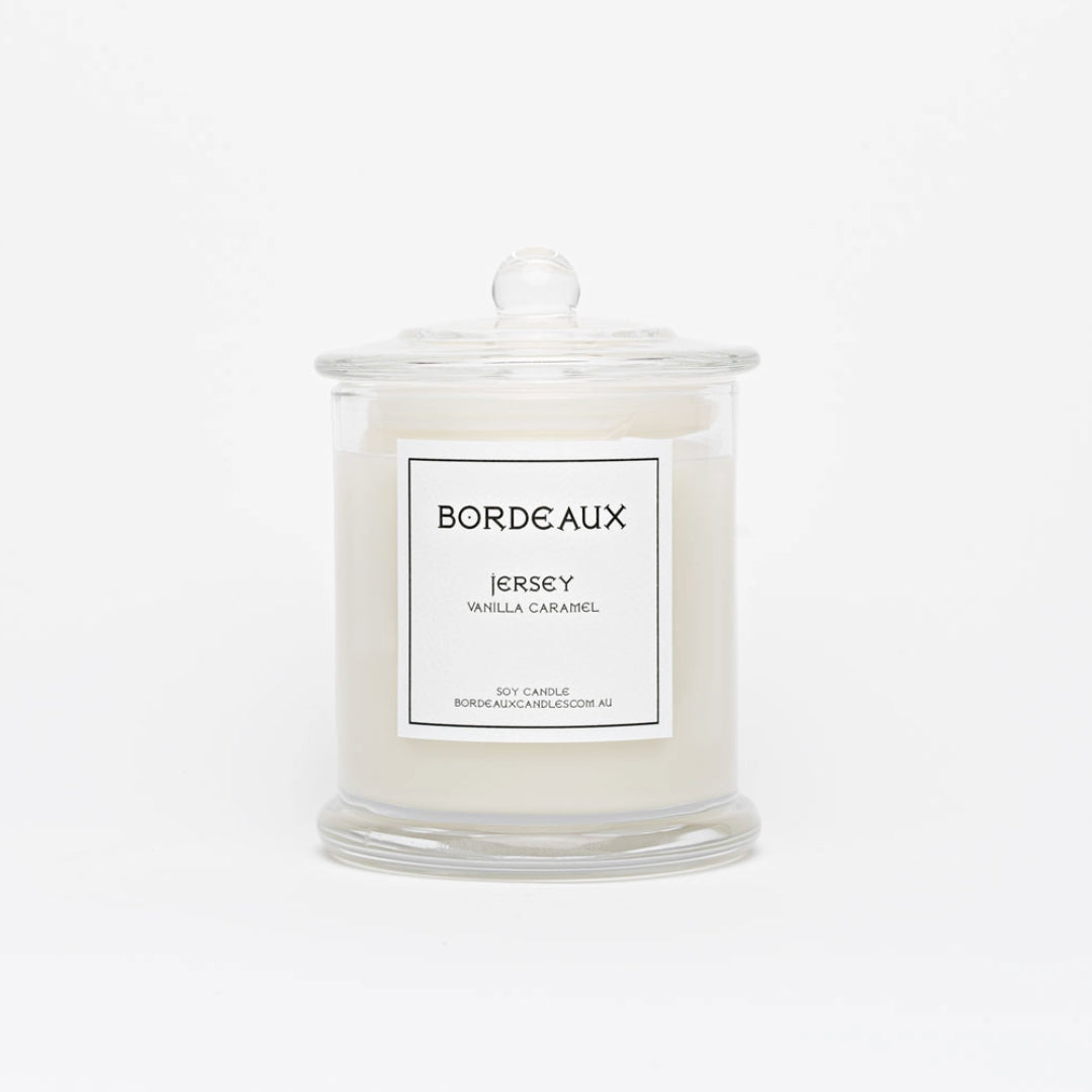 Vanilla Caramel Fragrance in a classic glass vessel with knob lid | 380g candle | Bordeaux Candles