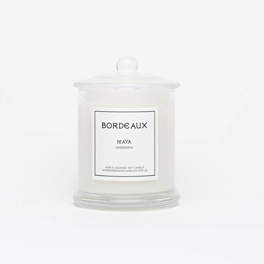 Gardenia fragranced 380g candle in a classic glass jar with knob lid | Bordeaux Candles