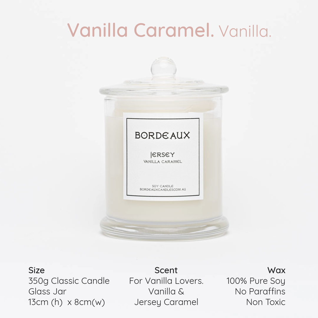 Vanilla Caramel Fragrance in a classic glass vessel with knob lid | 380g candle | Bordeaux Candles