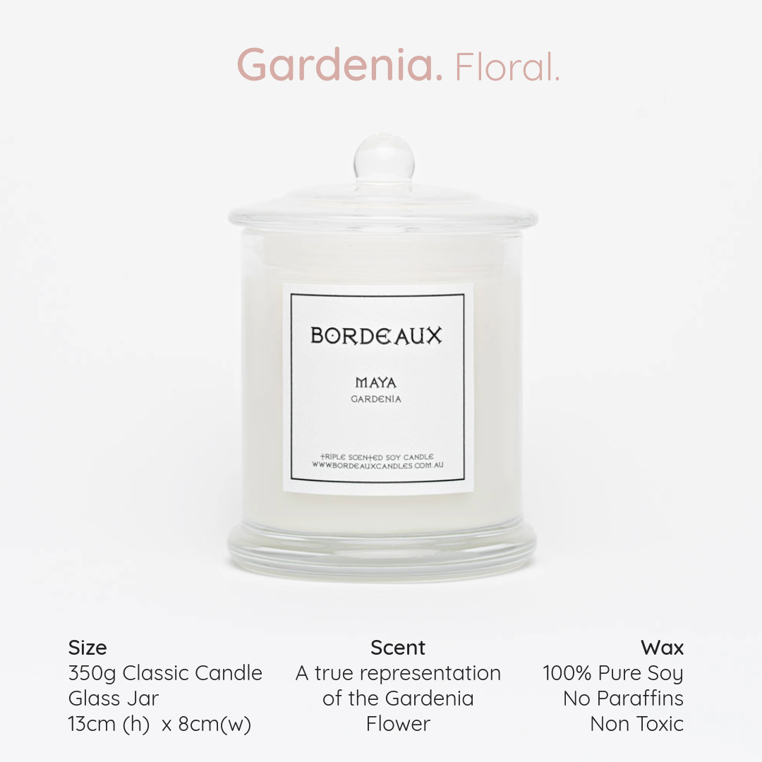 Gardenia floral fragranced 380g candle in a classic glass jar with knob lid unlit | Bordeaux Candles