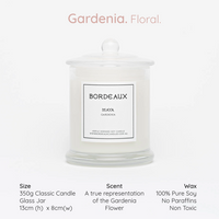 Thumbnail for Gardenia floral fragranced 380g candle in a classic glass jar with knob lid unlit | Bordeaux Candles