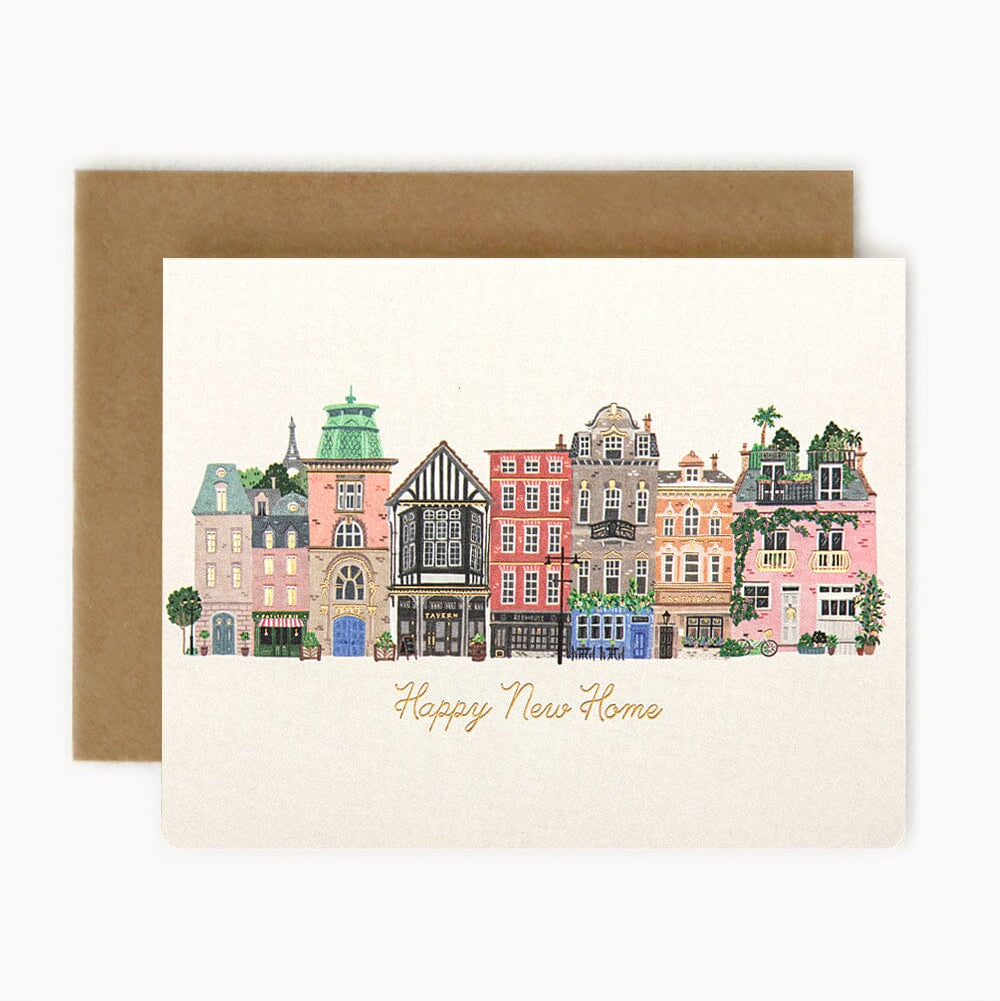 Greeting card with illustrated buildings and 'Happy New Home' text on a beige background