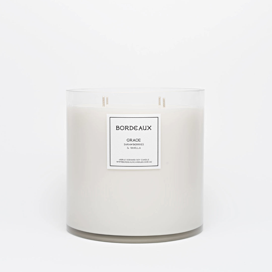 Oversized Deluxe Candle | Strawberries & Champagne | Front View with label | 4 Wicks | Bordeaux Candles | Bordeaux Collective