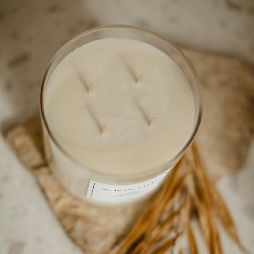 Vanilla Caramel Large Deluxe candle in oversized glass vessel top view | 4 cotton wicks for calm and even burn | Bordeaux Candles