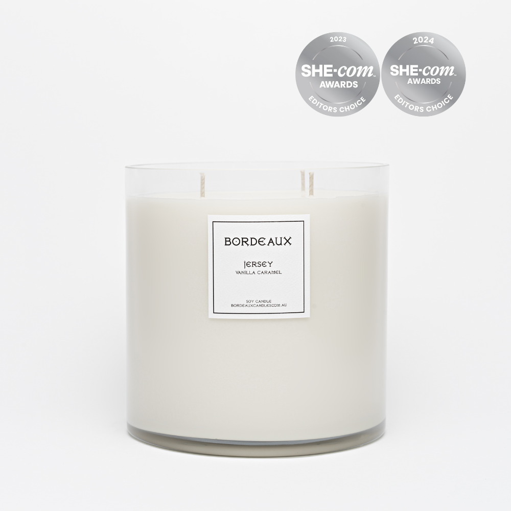 Vanilla Caramel Large Deluxe candle in oversized glass vessel | 4 cotton wicks for calm and even burn | Bordeaux Candles