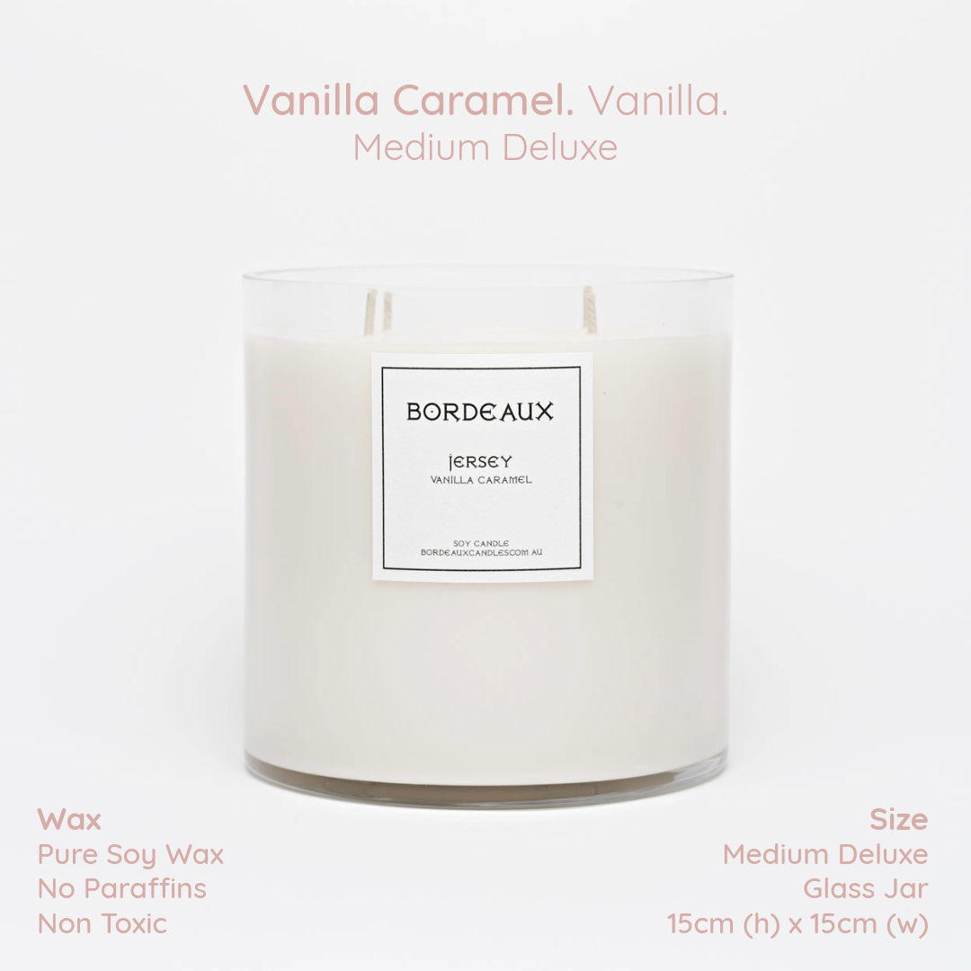 Vanilla Caramel Medium Deluxe candle in oversized glass vessel | 4 cotton wicks for calm and even burn | Bordeaux Candles