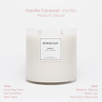 Thumbnail for Vanilla Caramel Medium Deluxe candle in oversized glass vessel | 4 cotton wicks for calm and even burn | Bordeaux Candles