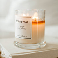 Thumbnail for Vanilla Caramel Fragrance in a classic glass vessel with knob lid | Lit 380g candle with two wicks | Bordeaux Candles